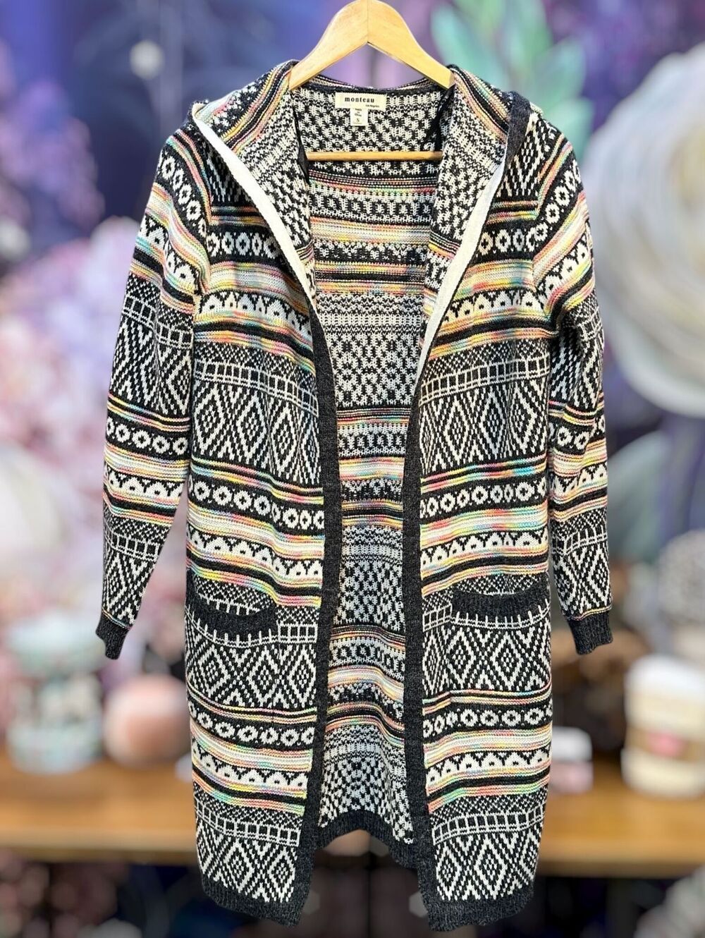 Black Fair Isle Knit S Hooded Open Front Cardigan Pockets Boho Folkcore Monteau